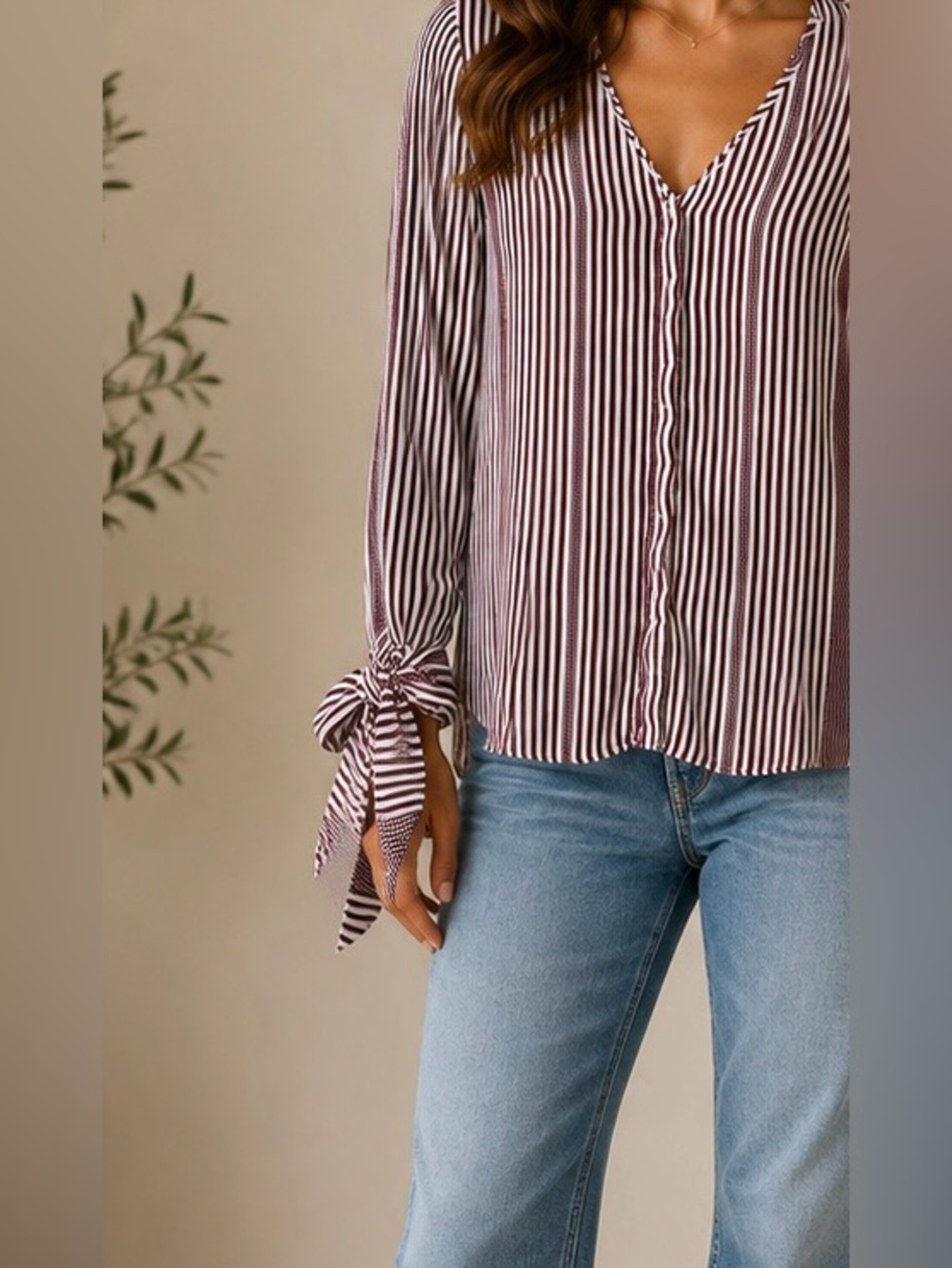 Massimo Dutti Burgundy & White Striped V-Neck Blouse with Tie Sleeves